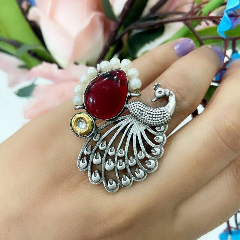 Regal Peacock Statement Ring – Red Ruby - Image 4