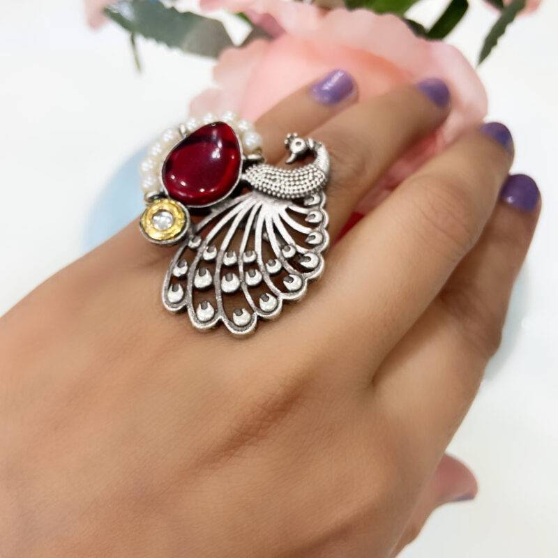Regal Peacock Statement Ring – Red Ruby - Image 3