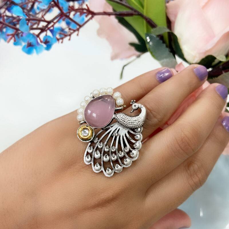 Regal Peacock Statement Ring – Blush Pink - Image 3