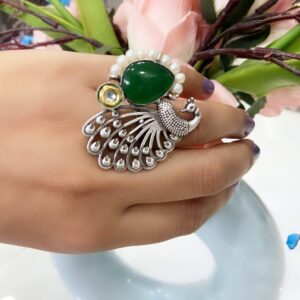 Regal Peacock Statement Ring – Dark Green
