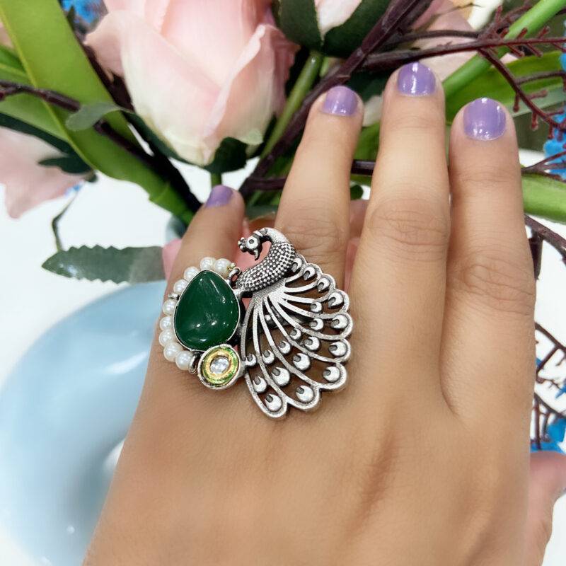 Regal Peacock Statement Ring – Dark Green - Image 2