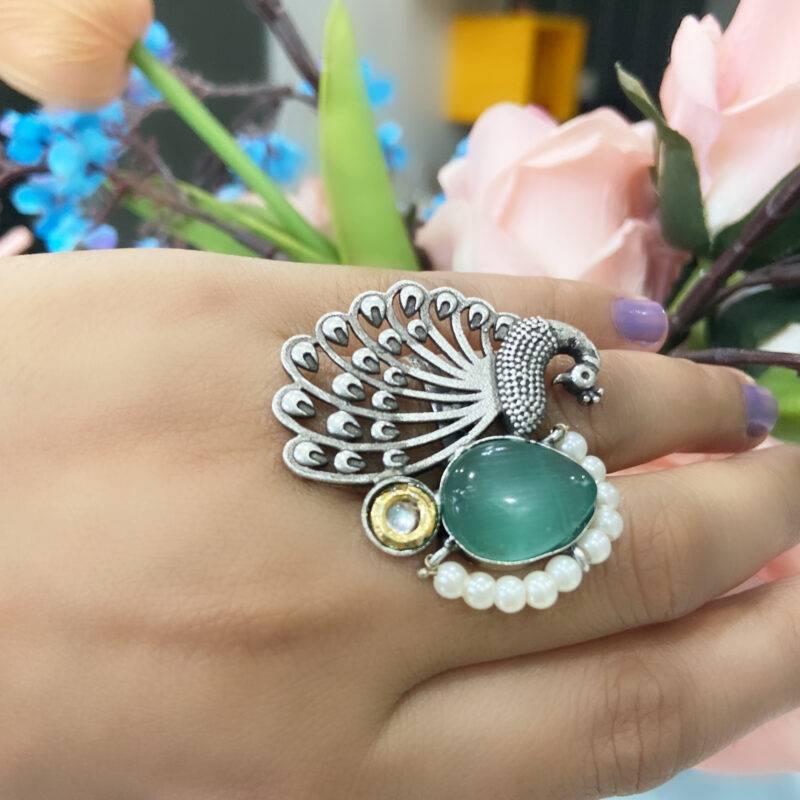 Regal Peacock Statement Ring – Mint Green - Image 3