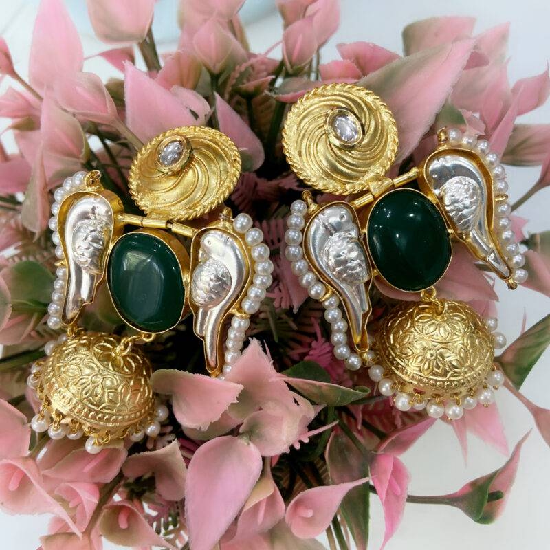 Emerald Parrot Pearl Jhumkas - Image 4