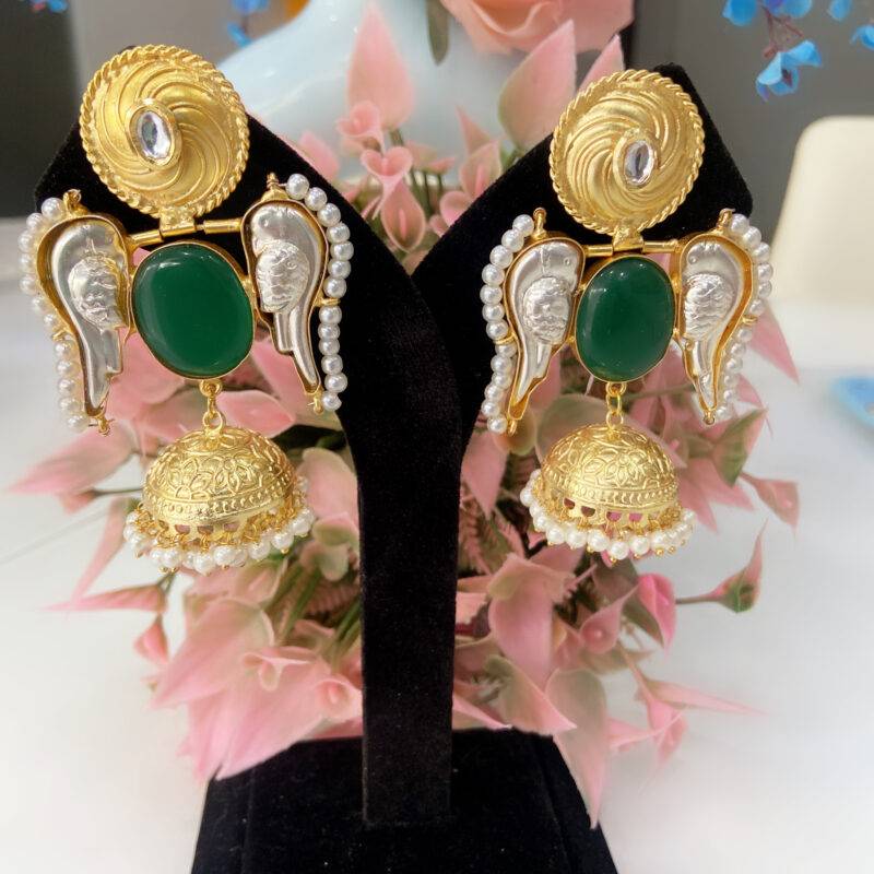 Emerald Parrot Pearl Jhumkas - Image 2