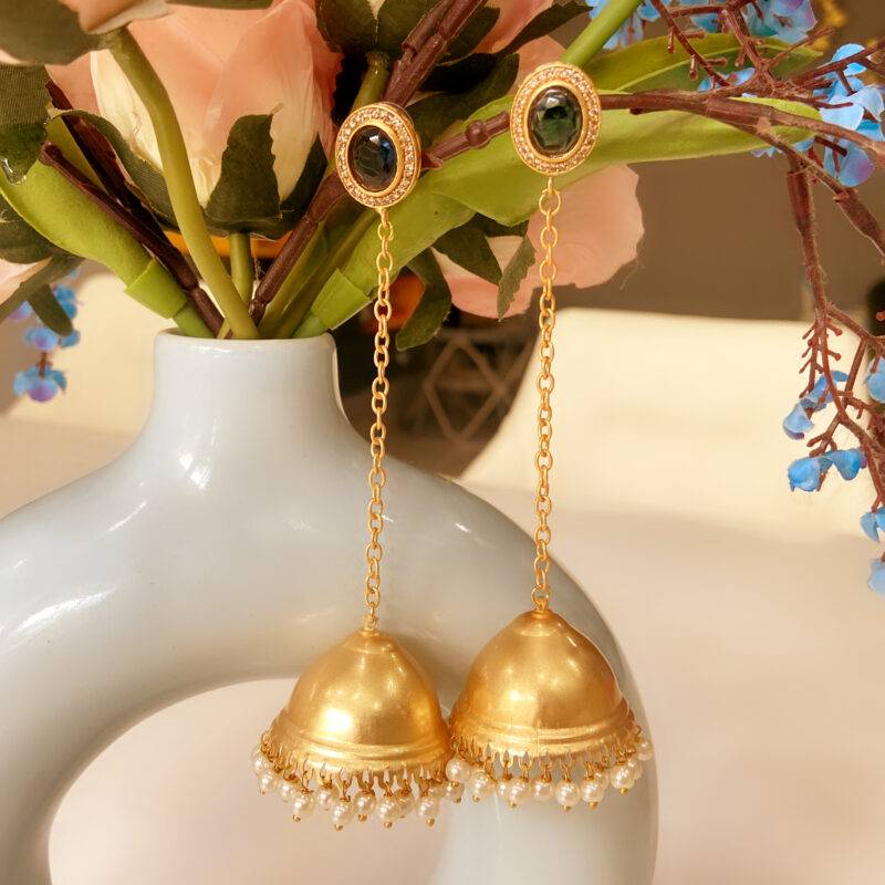 Long Chain Jhumkas with Pearls - Image 3