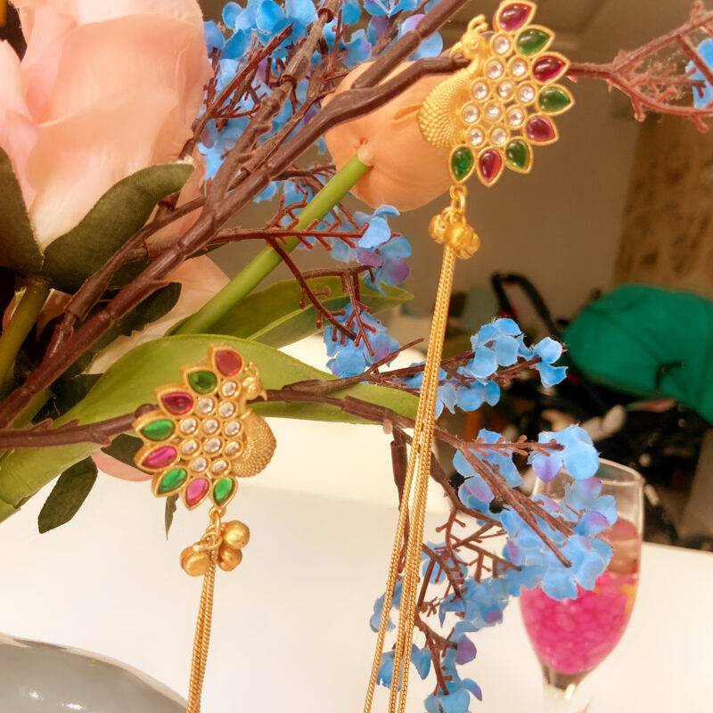 Golden Peacock Tassel Earrings - Image 3