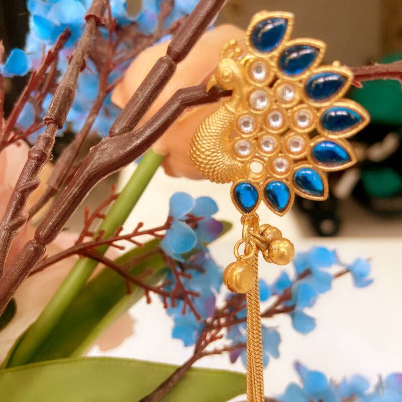 Blue Feather Peacock Tassel Earrings - Image 3