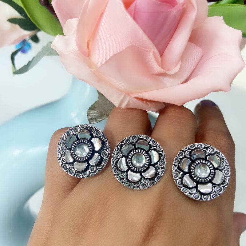 Oxidized Floral Mirror Statement Ring - Image 3