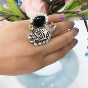 Regal Peacock Statement Ring- Black