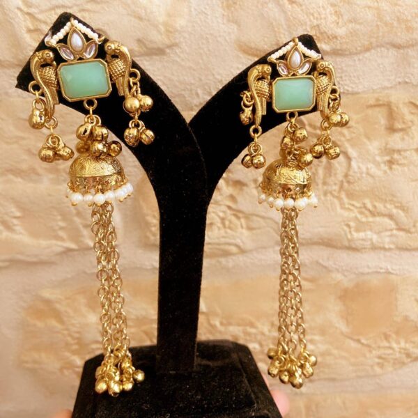Mint Green Peacock Jhumkas with Chains & Pearls