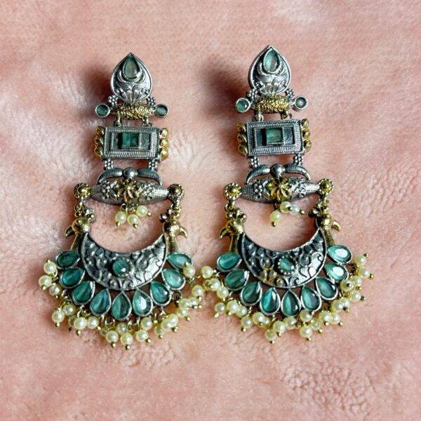 Neelambara Aroha Collection – Dual-Tone Oxidized Statement Earrings with Emerald Green Stones