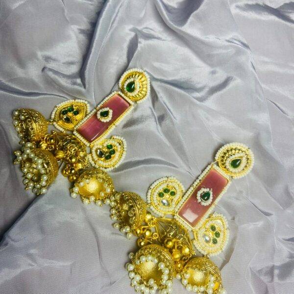 Suvarna Anika Collection – Gold-Finished Jhumka Earrings with Pink & Emerald Stones