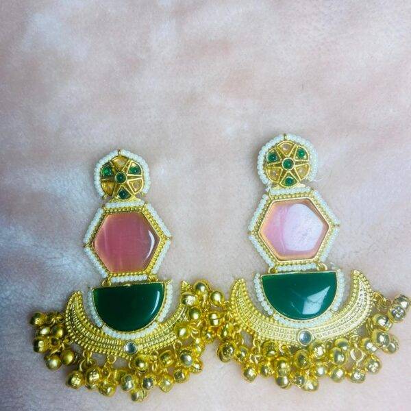 Kanaka Vritta Collection – Gold-Finished Statement Jhumka Earrings with Pink & Emerald Stones