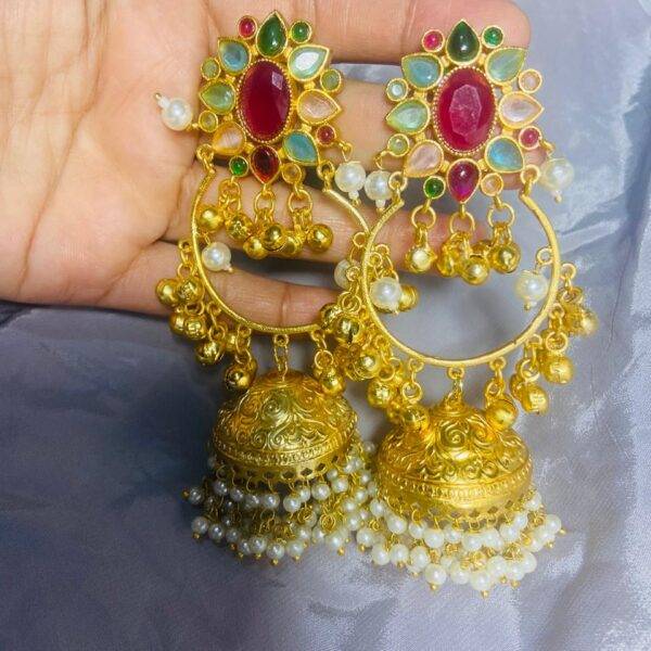 Rajkumari Meherang Viraasat – Pearl Jhumka Hoop Kashmiri Earrings with Multicolor Kundan Stones
