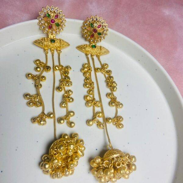 Rangmahal Aarini Heritage – Long Temple Jhumka Kashmiri Earrings with Multicolor Stone Detailing